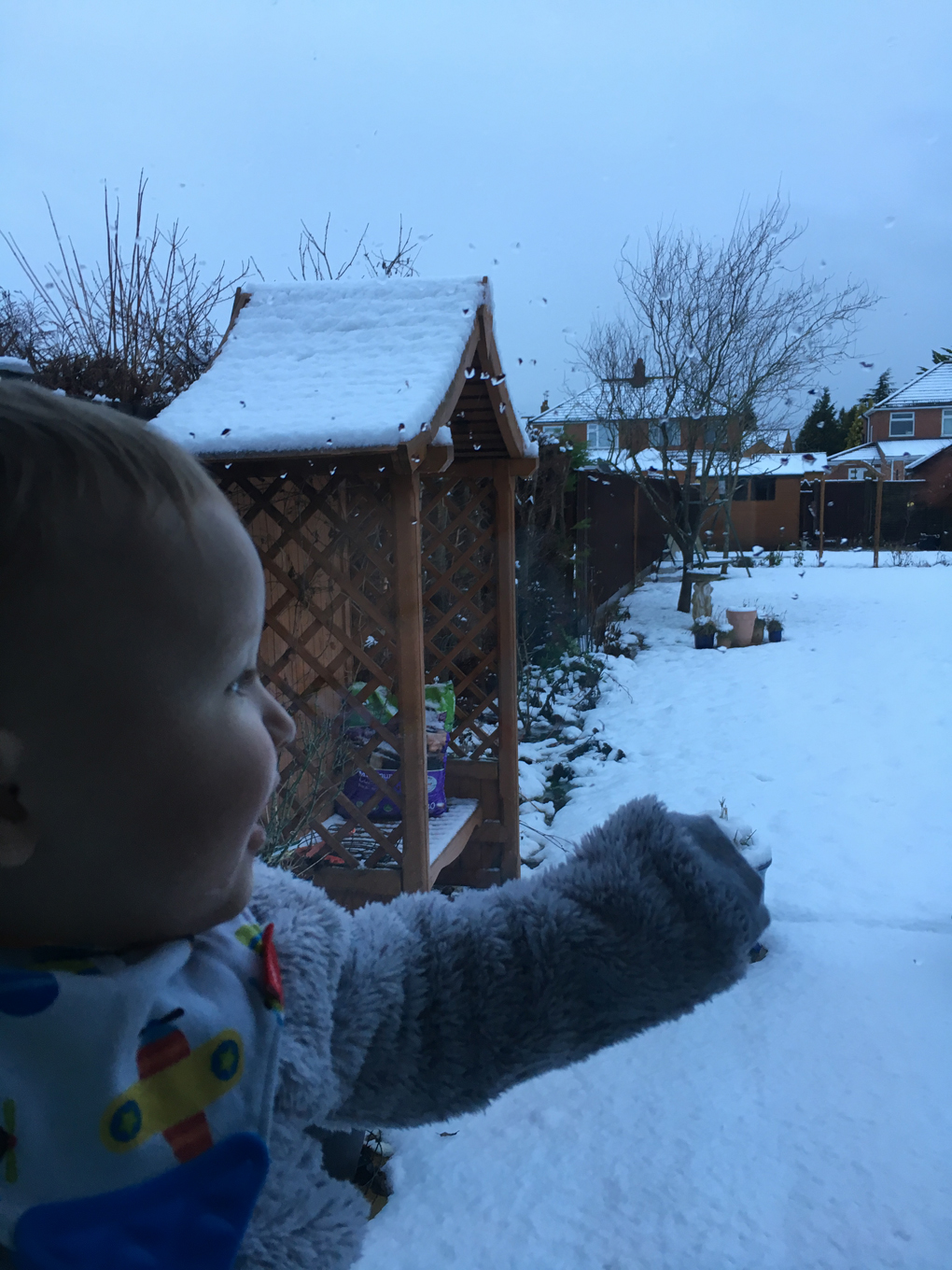 baby looking at snow