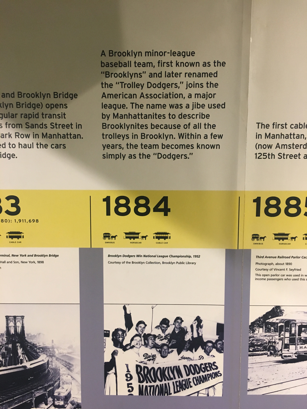 A timeline entry for the New York MTA describing how Broolynites' propensity for fare-dodging on trams meant the Brooklyn baseball team were named 'The Dodgers'