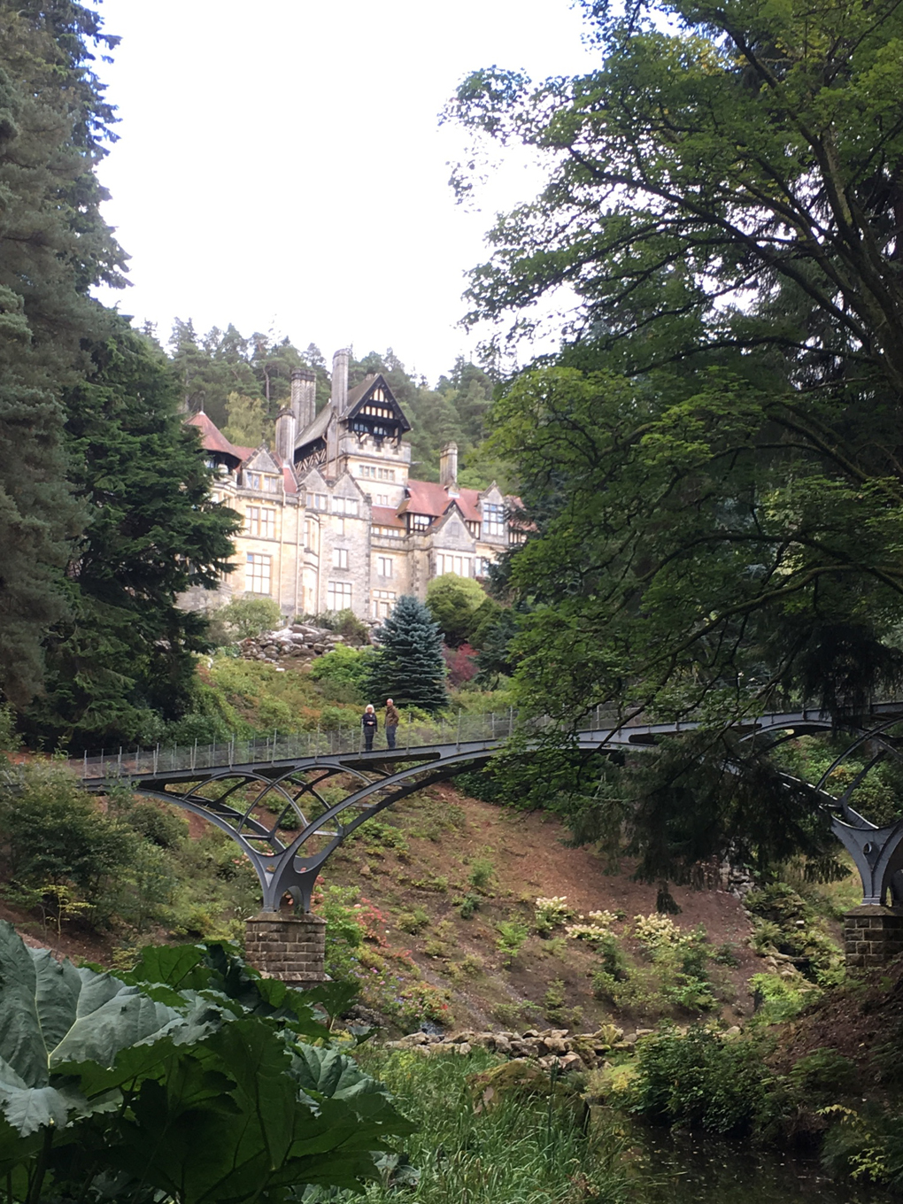 stately home in the woods with a bridge in front