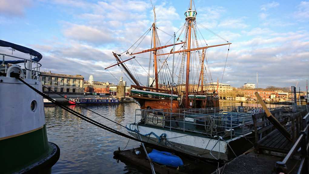 A replica of 'The Matthew' - a 50 ton caravelle ship captained by John Cabot in 1497 when she sailed from Bristol to North America. She looks frail but was fast and able and is a beauty moored at Wapping Wharf in Bristol. Quite a small vessel to sail the Atlantic!!!