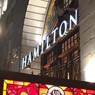 exterience of the Victoria Palace theatre where the musical Hamilton is playing