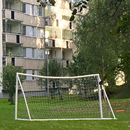 An appartment building, trees and a football goal.