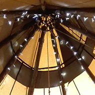 A circle of pretty foliage hangs in the peak of a yurt tent. The picture is taken from below.