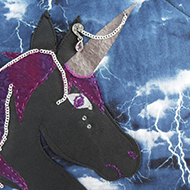 A black leather punk unicorn and verses on a thunderstorm background