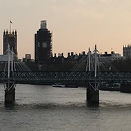 A view from Waterloo Bridge of the London Eye and the Palace of Westminster in the background