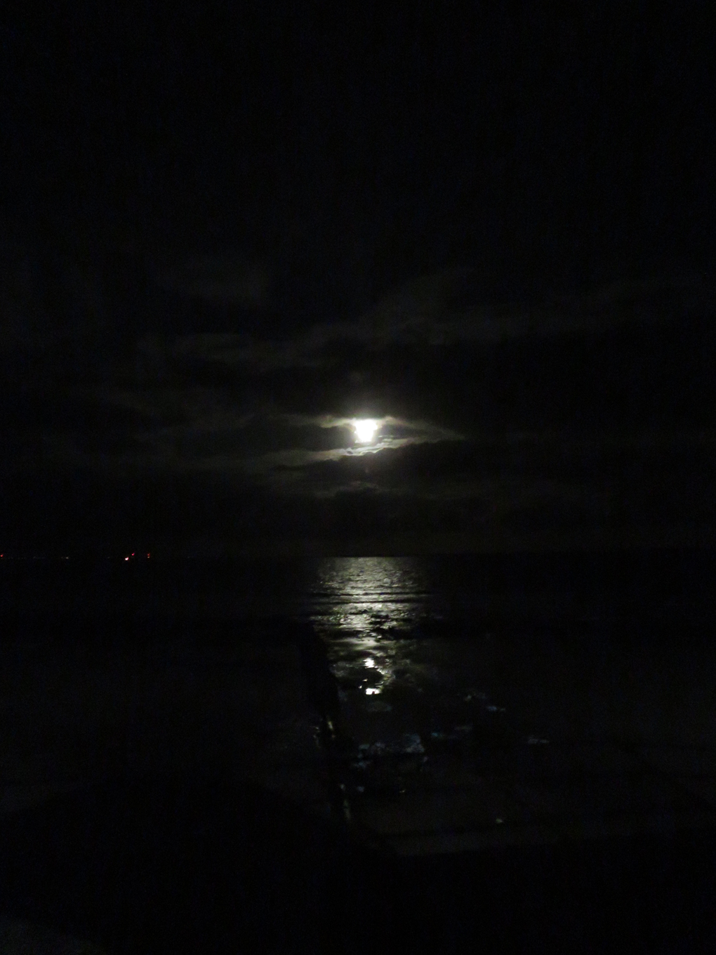 We see an almost black and white picture of the moon and its reflection on the sea at night
