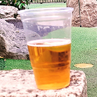 A shot down the green of a mini golf course with the hole number visible and a plastic cup of beer balanced on top.