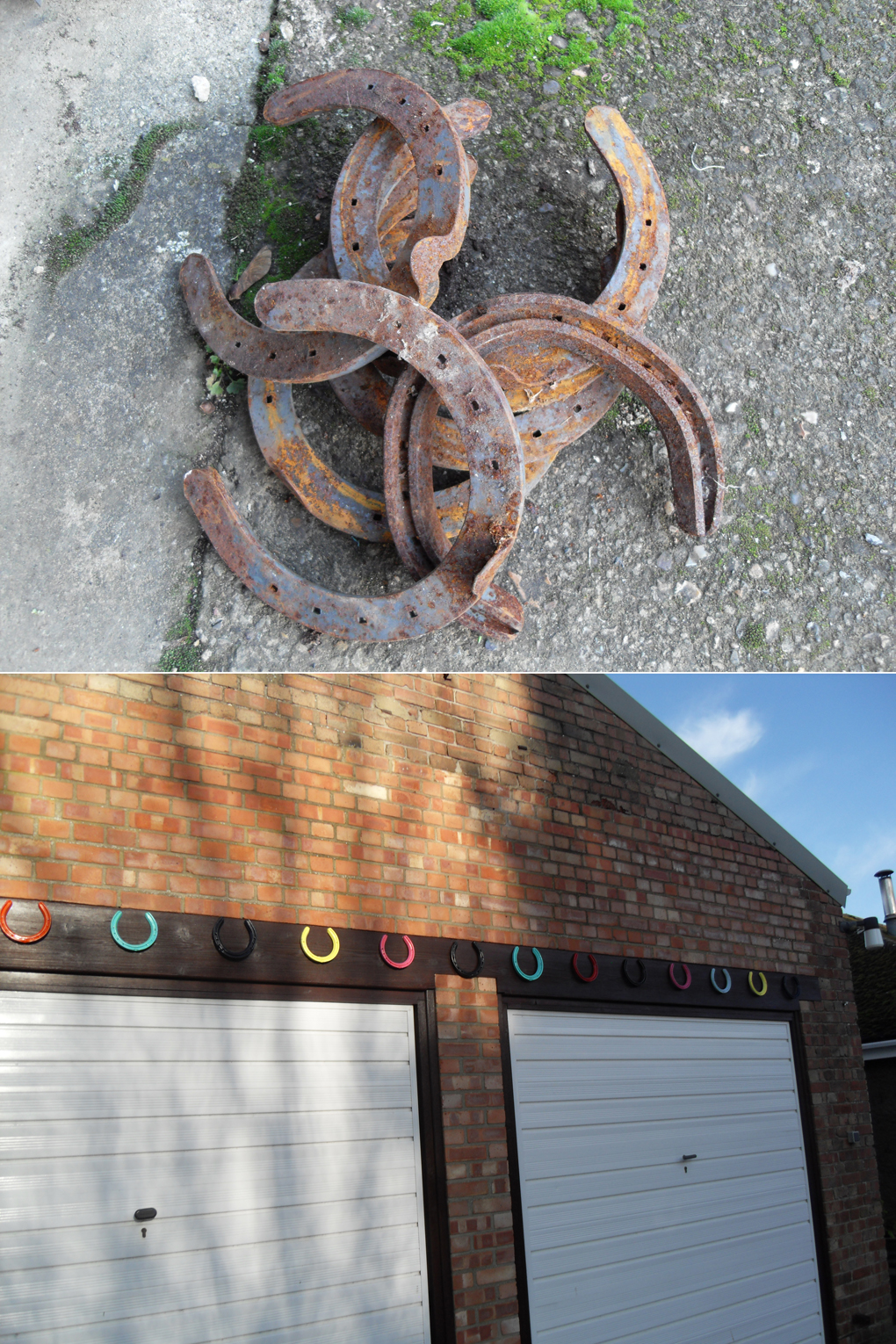 row of multicolour horseshoes nailed above garage doors