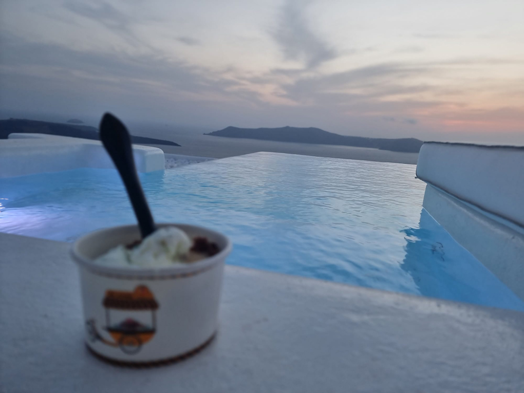 Ice cream by the pool at sunset