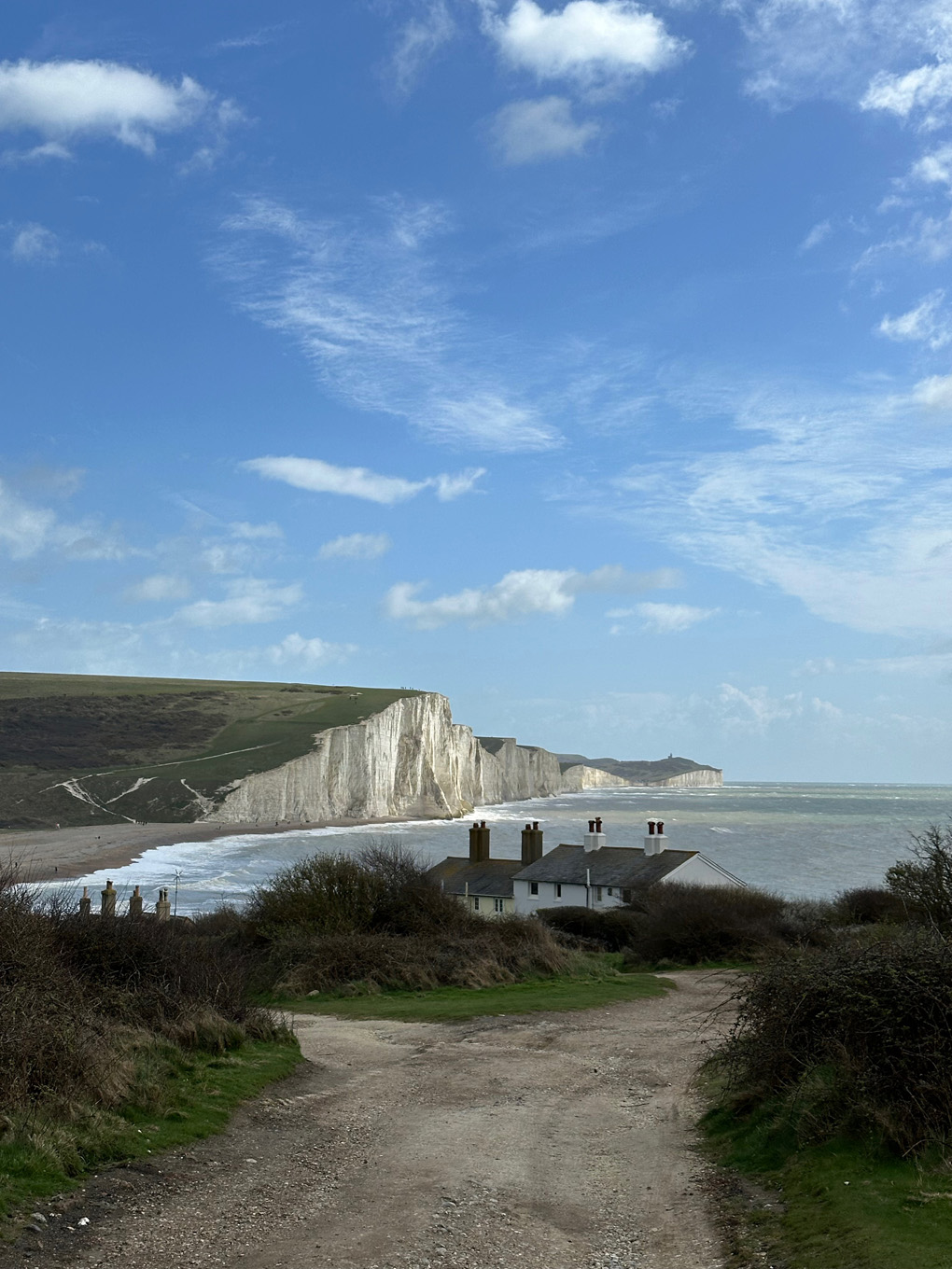 A view of the white cliffs which make up the Seven Sisters from the Seaford end with a train and houses in the foreground. Cliffs and sea going into the distance with mostly blue skies.