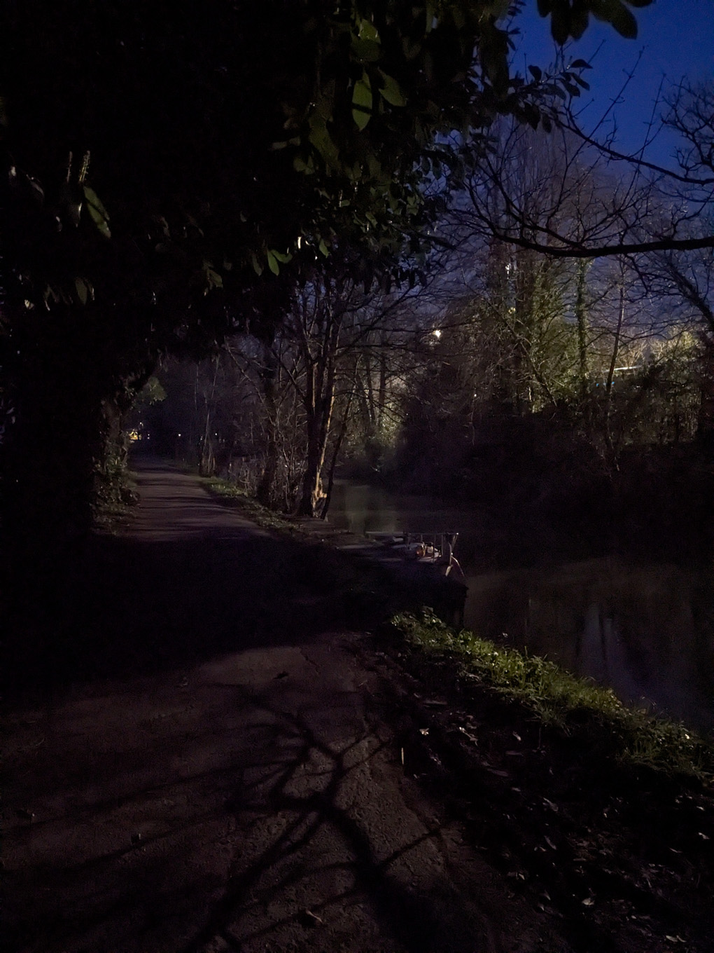A dark canal path overhung with trees. A boat moored at the side of the path lit from the side and just a hint of blue still visible in the sky.