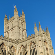 Looking up at Bath Abbey on a blue sky winter's day