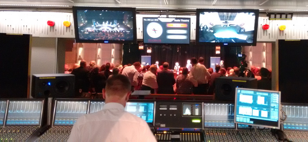 production booth at the recording of the News Quiz