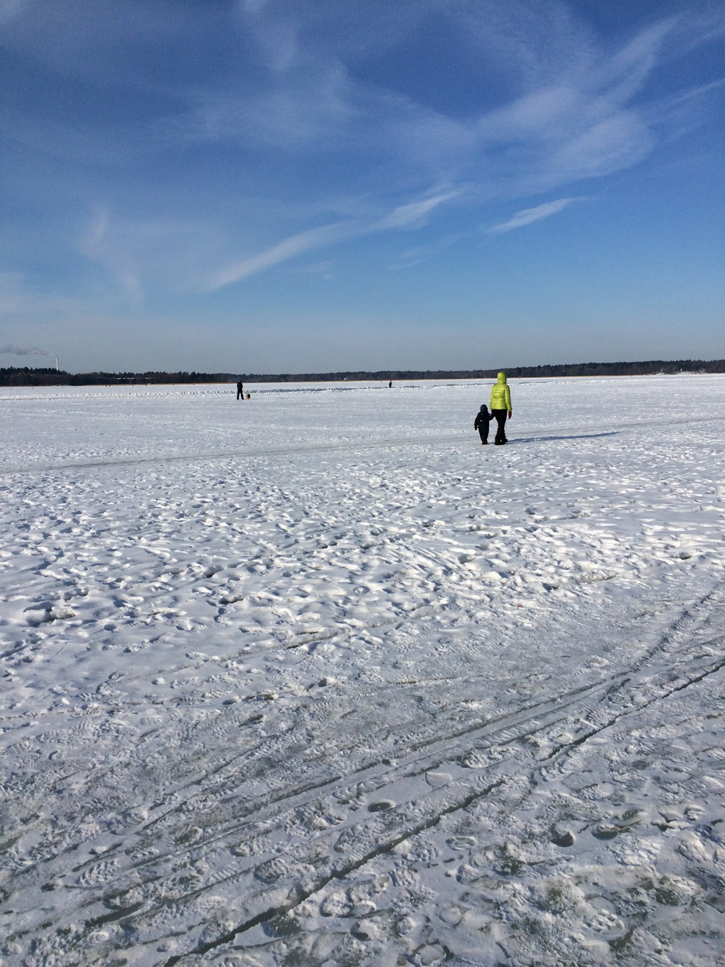 Snowy vista of frozen sea and people walking on it.