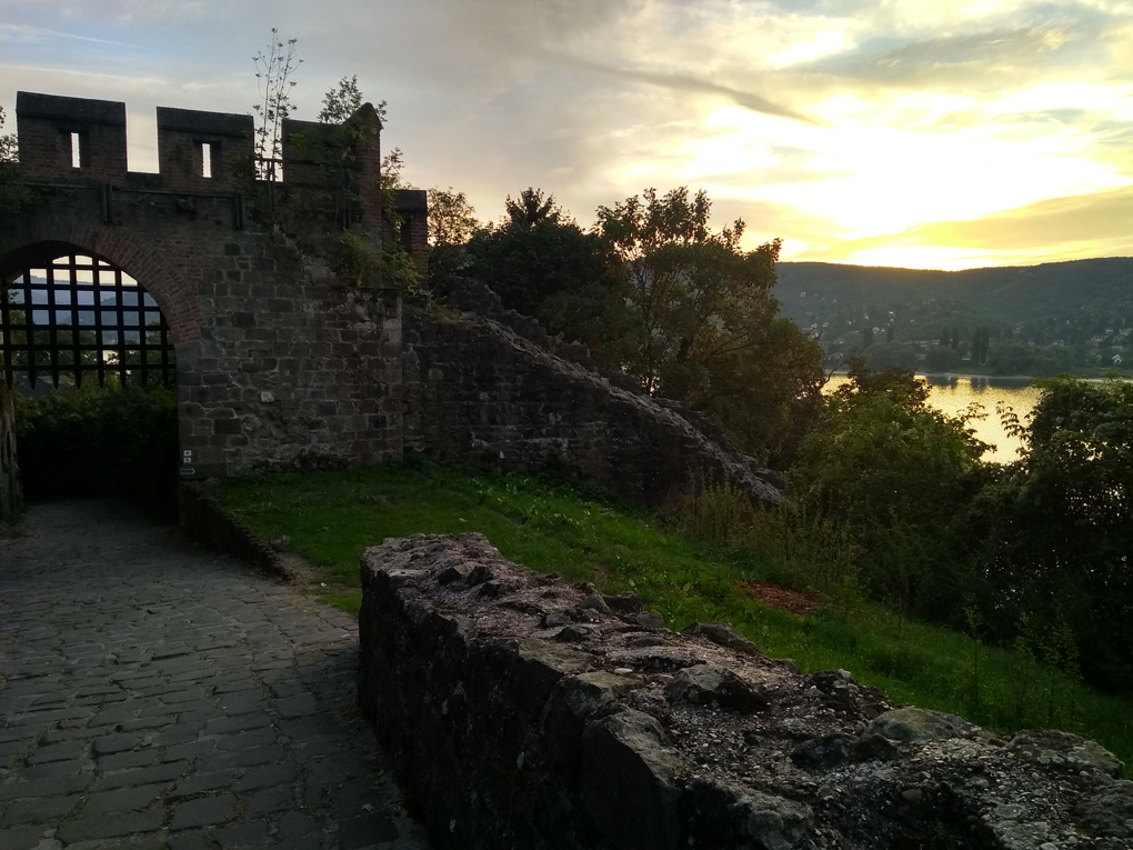 Medieval portcullis overlooking the Danube at sunset