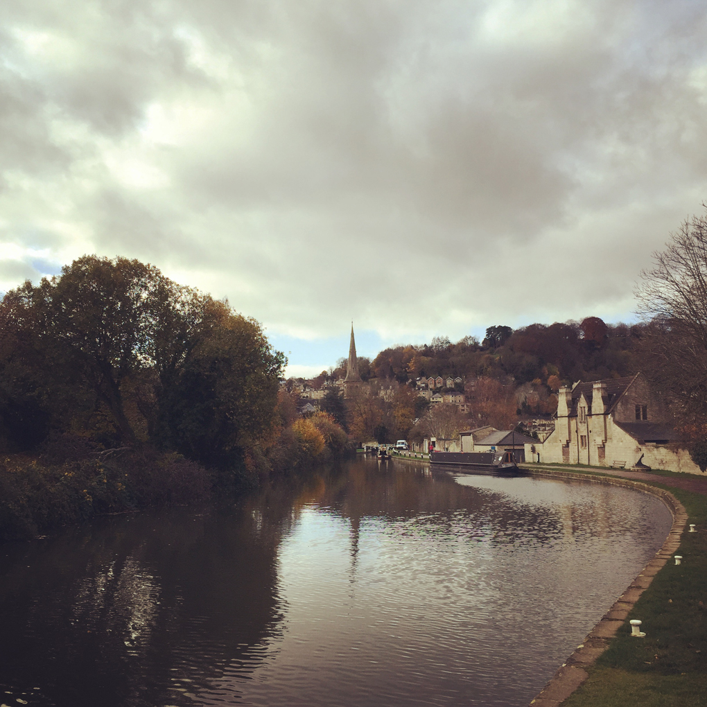 View of the canal and the towpath, with autumnal trees and houses on a hillside in the background