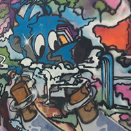 Colorful graffiti featuring a blue skinned character