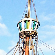 A replica of 'The Matthew' - a 50 ton caravelle ship captained by John Cabot in 1497 when she sailed from Bristol to North America. She looks frail but was fast and able and is a beauty moored at Wapping Wharf in Bristol. Quite a small vessel to sail the Atlantic!!!