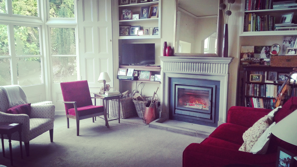 Armchairs and bookcases and log burning on the fire.