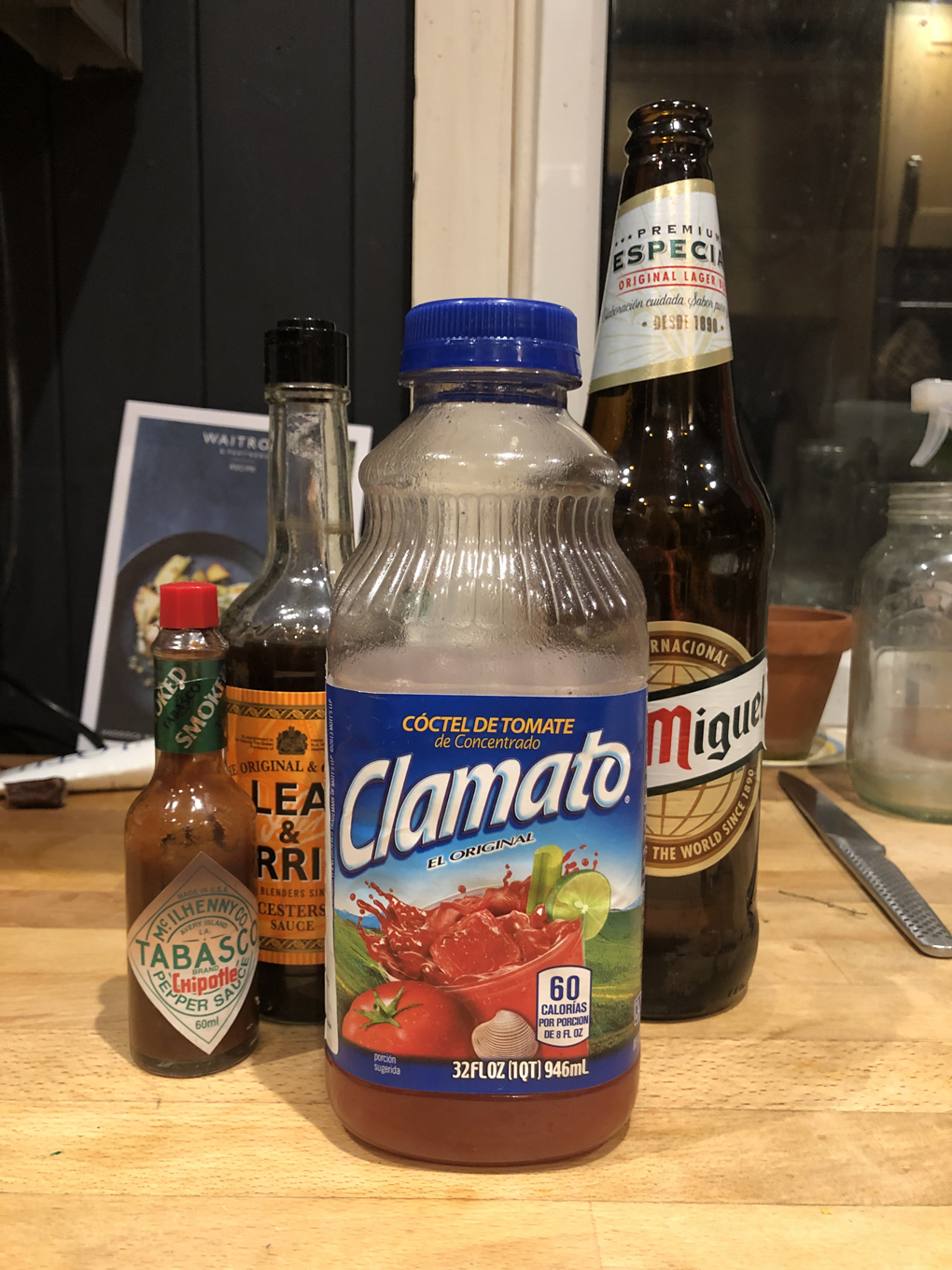 The ingredients for a michelada spiced beer cocktail