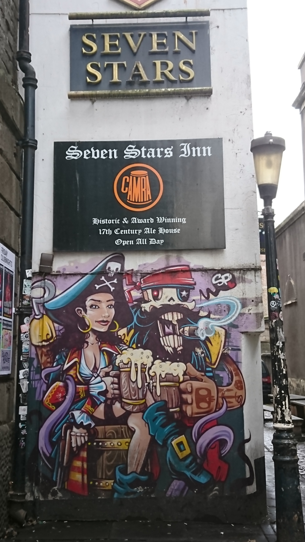 Very colourful street art depicting Captain Hook and his pirate mistress having a jar together. It makes a big splash on the side of an old pub called The Seven Stars, renown for having accommodated the Abolitionist Thomas Clerkson sometime in the 1800’s to further his research for the anti-slave trade campaign.