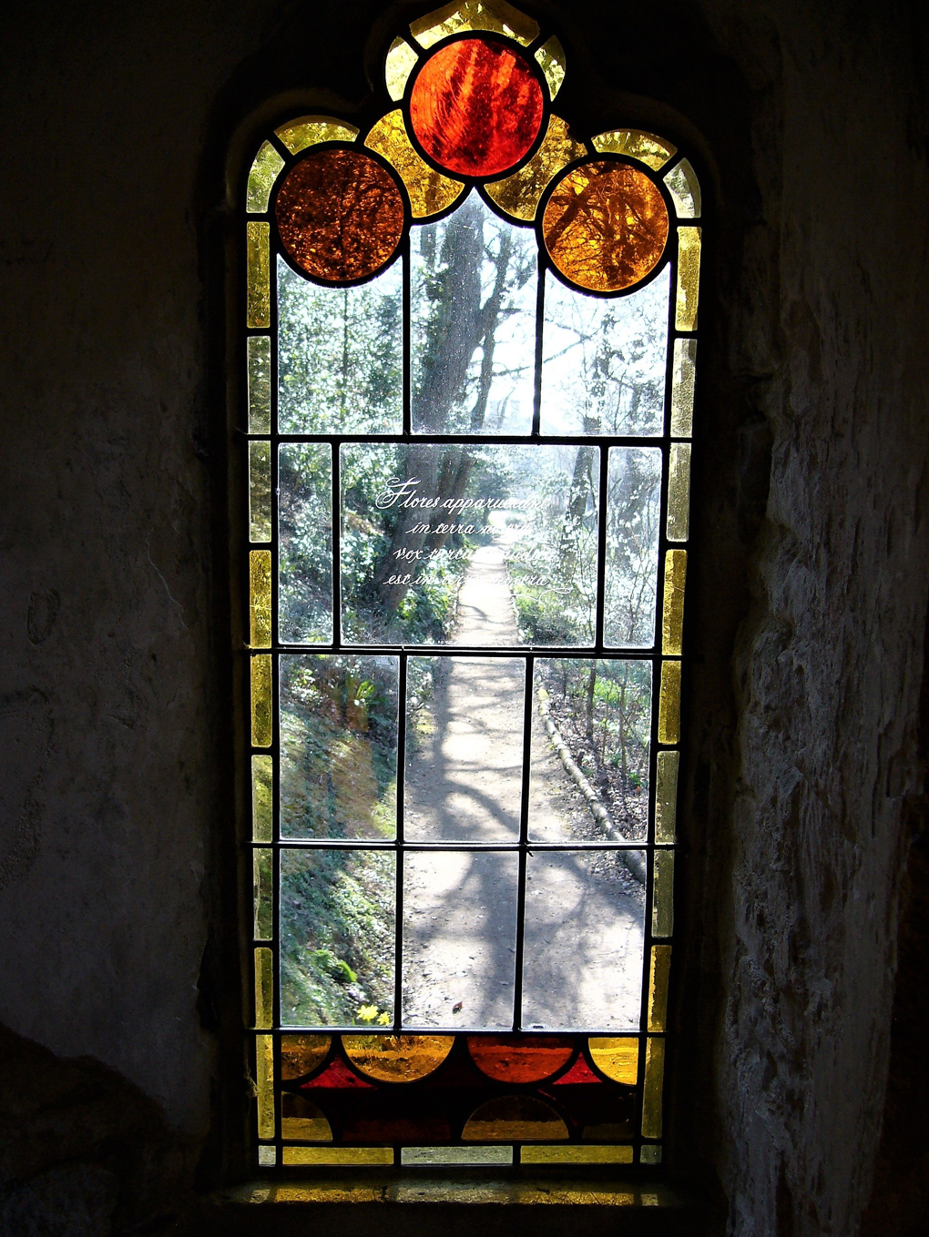 View through a stained glass window.