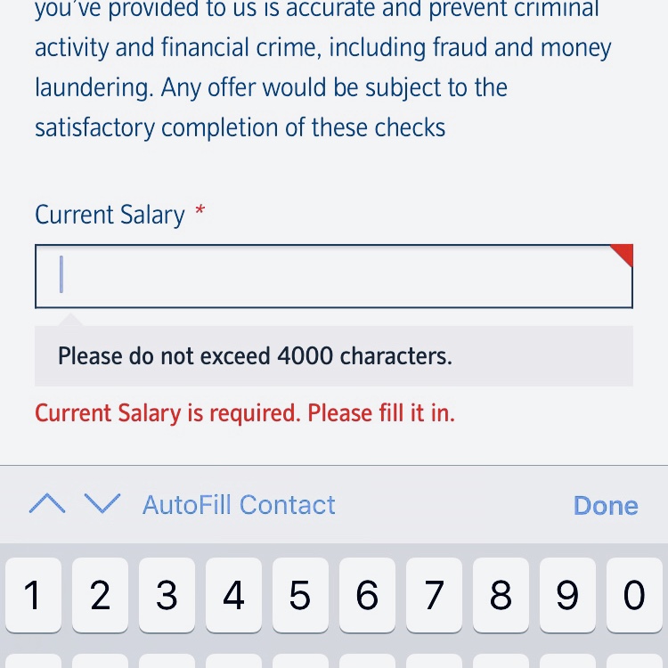 Form input for salary amount, with guidance not to exceed 4000 characters