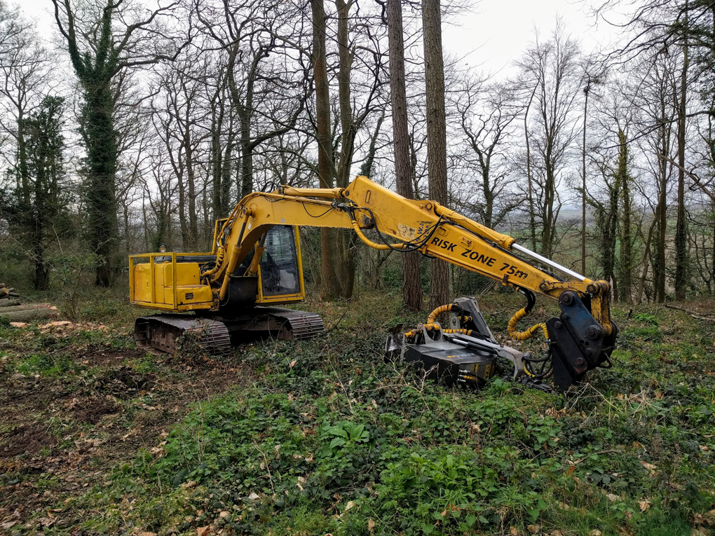 A yellow logging crane in a forest in Herefordshire.