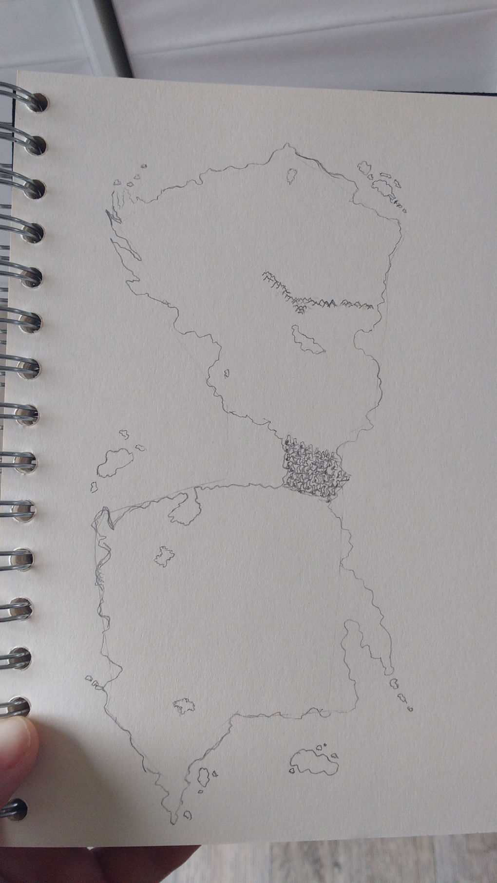 A pencil sketch of an America like continent with construction lines around the coast still