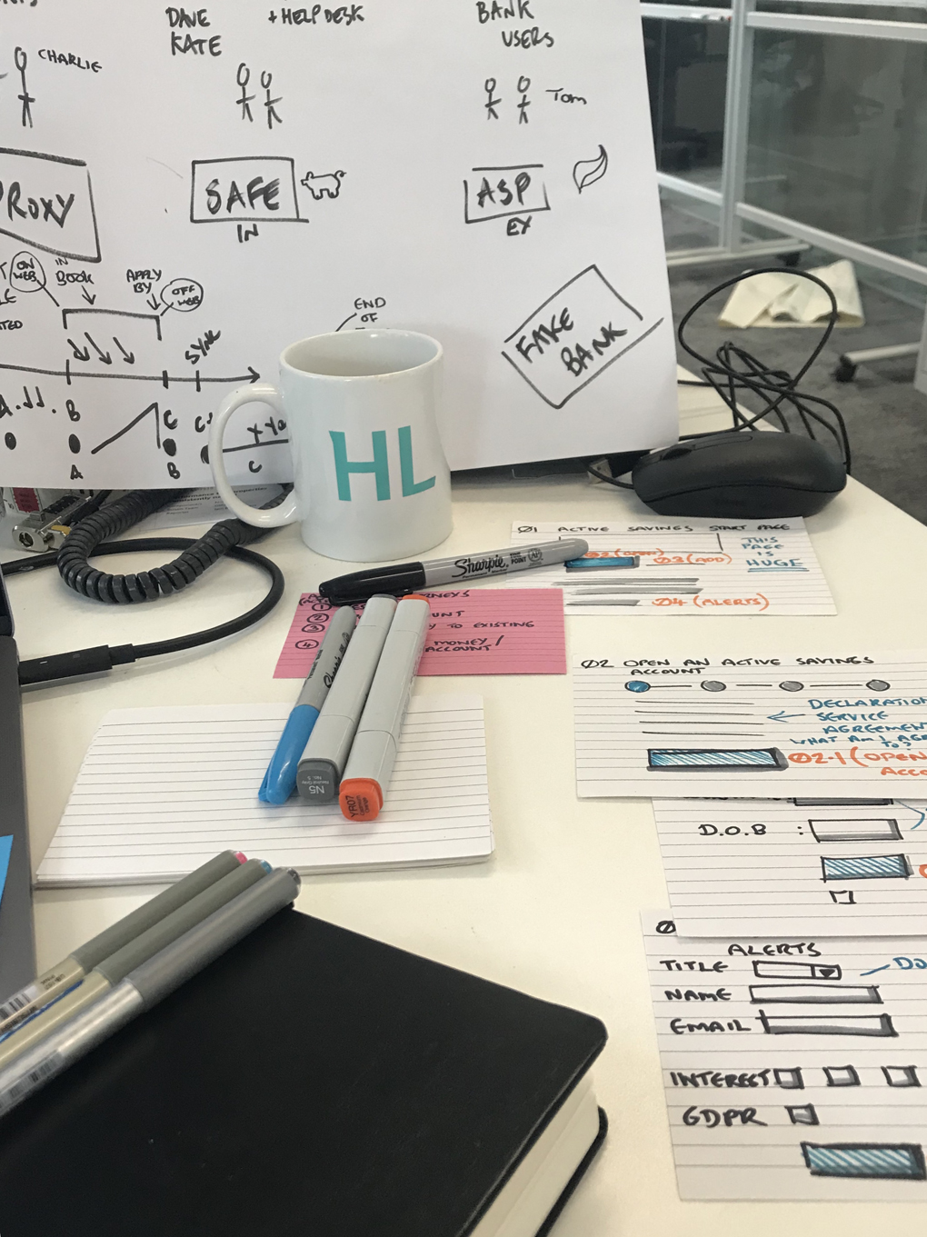 Desk with pens, paper and index cards arranged - showing drawings of the interface for a new product application.