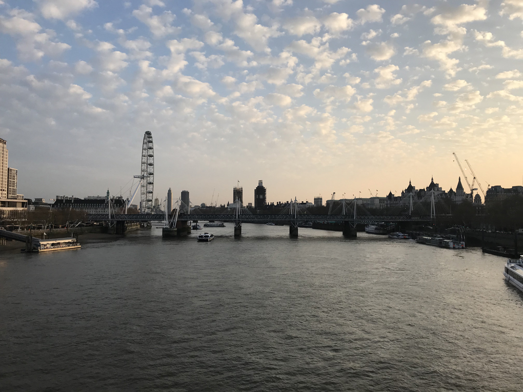 A view from Waterloo Bridge of the London Eye and the Palace of Westminster in the background