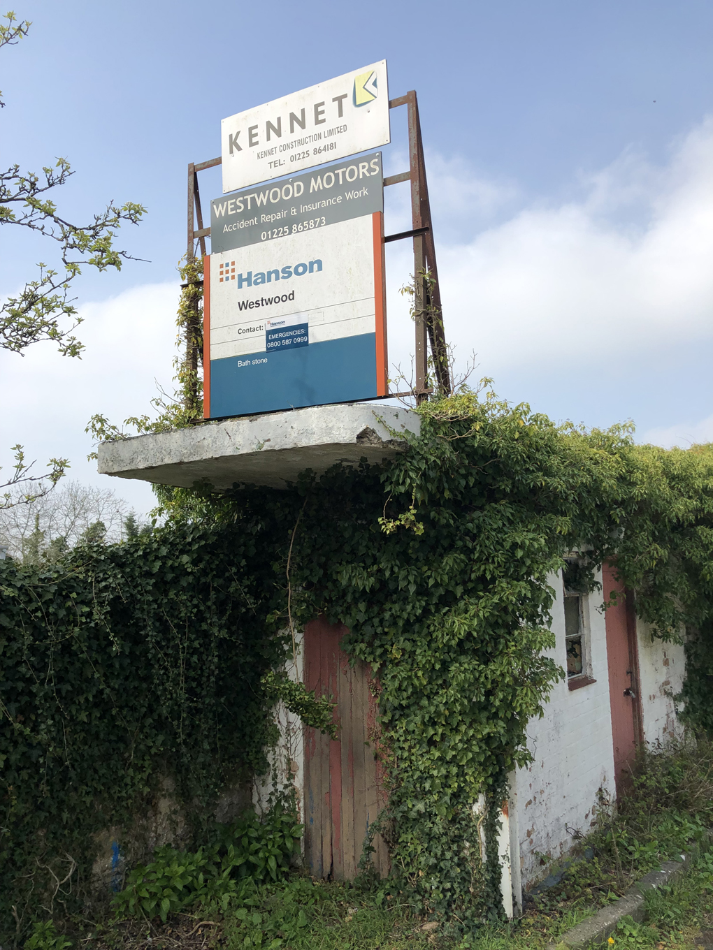 A doorway overgrown with vegetation. Above the door there are a number of worn signs for old automotive businesses.