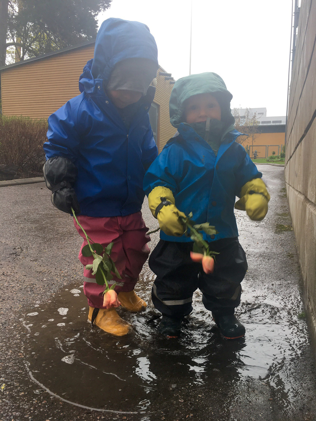 Two boys standing in a puddle holding roses.