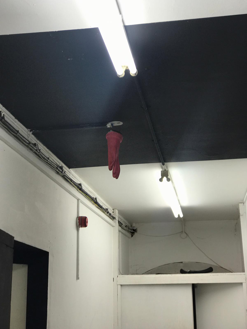 glove over a fire extinguisher in the roof