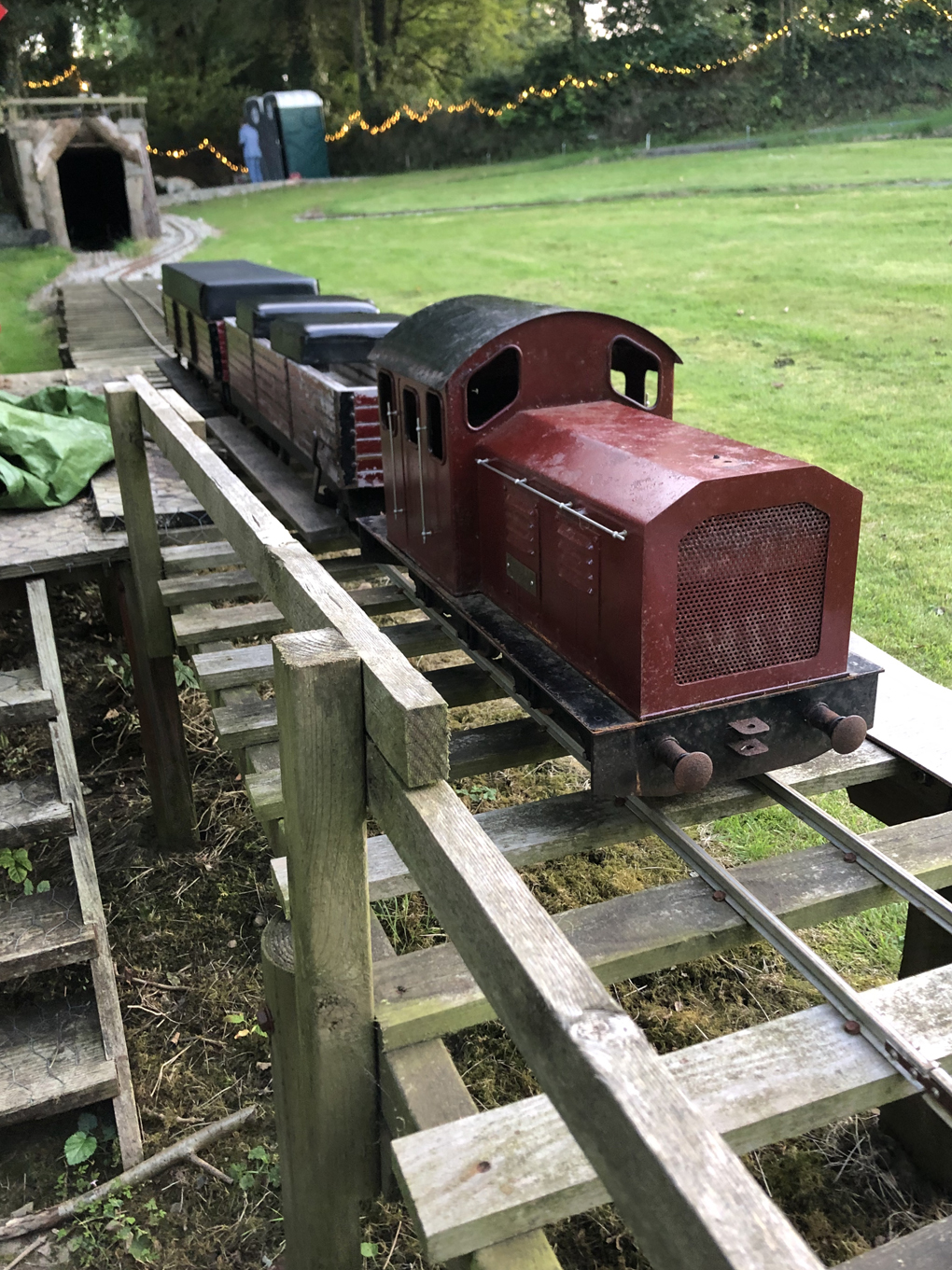 A model train on a track in a garden