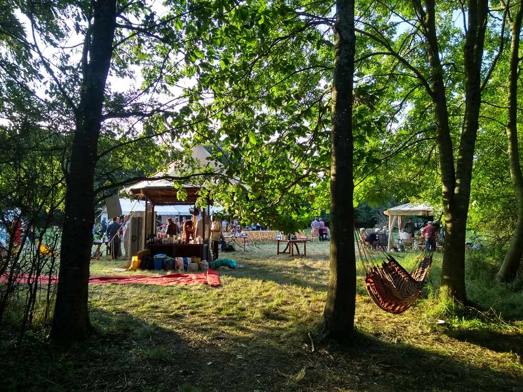 View from trees into a field with mini festival, tents and a hammock