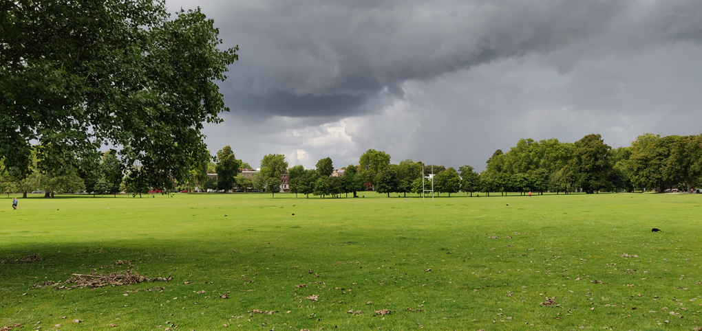 Playing fields on Peckham Rye in the sunlight, dark clouds approaching.