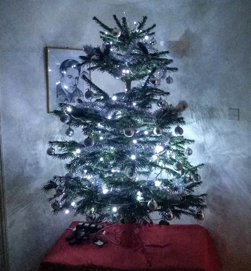 Christmas tree with white lights and silver ornaments