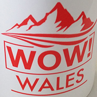 white mug with 'Wow! Wales!' printed on it in red