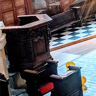 Piano and balloons in a church