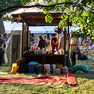 View from trees into a field with mini festival, tents and a hammock