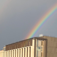 A double rainbow stretching over the University of Bath campus