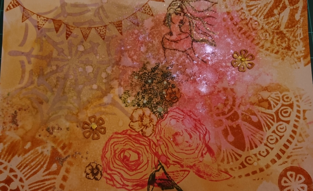 An attempt at a journalling picture using stencils, inks, spray paints, shimmer paints and glitters. The result depicts a dancer with a fantail skirt, holding a bouquet of flowers in rusty colour with bursts of cranberry flashes her hair flowing and glittering. A cobweb hanging in the corner behind some bunting. Not a bad result I think!