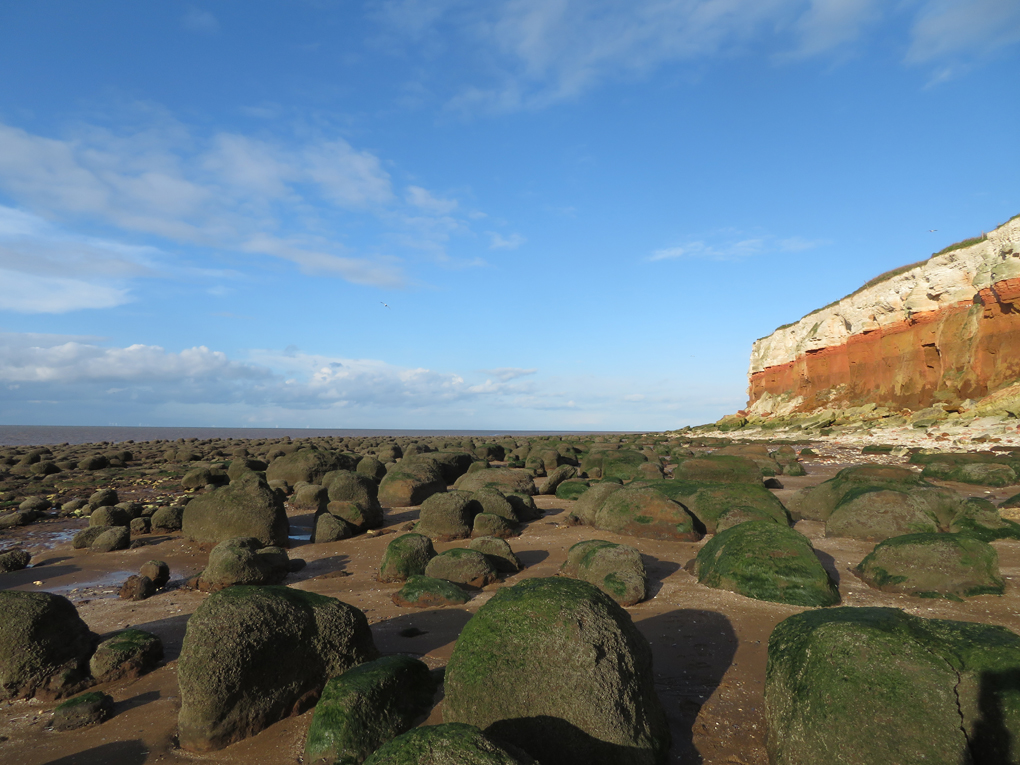 the red and white cliffs of Hunstanton, with a blue sky frame the beach which is covered in large boulders.