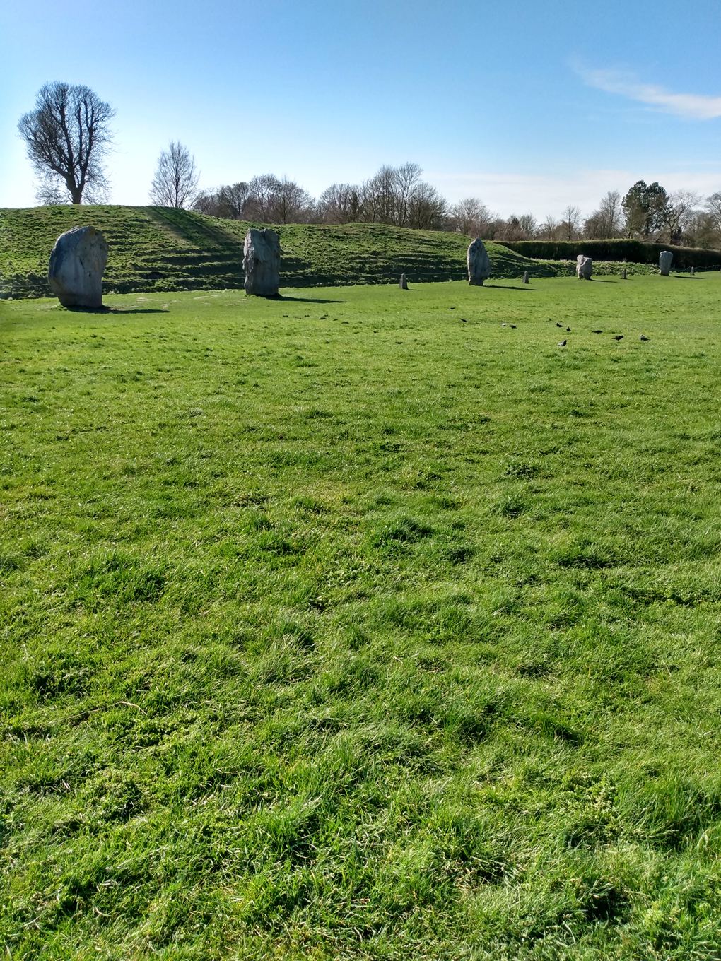 Large stones stand in a pleasant, green field at Avebury village in Wiltshire