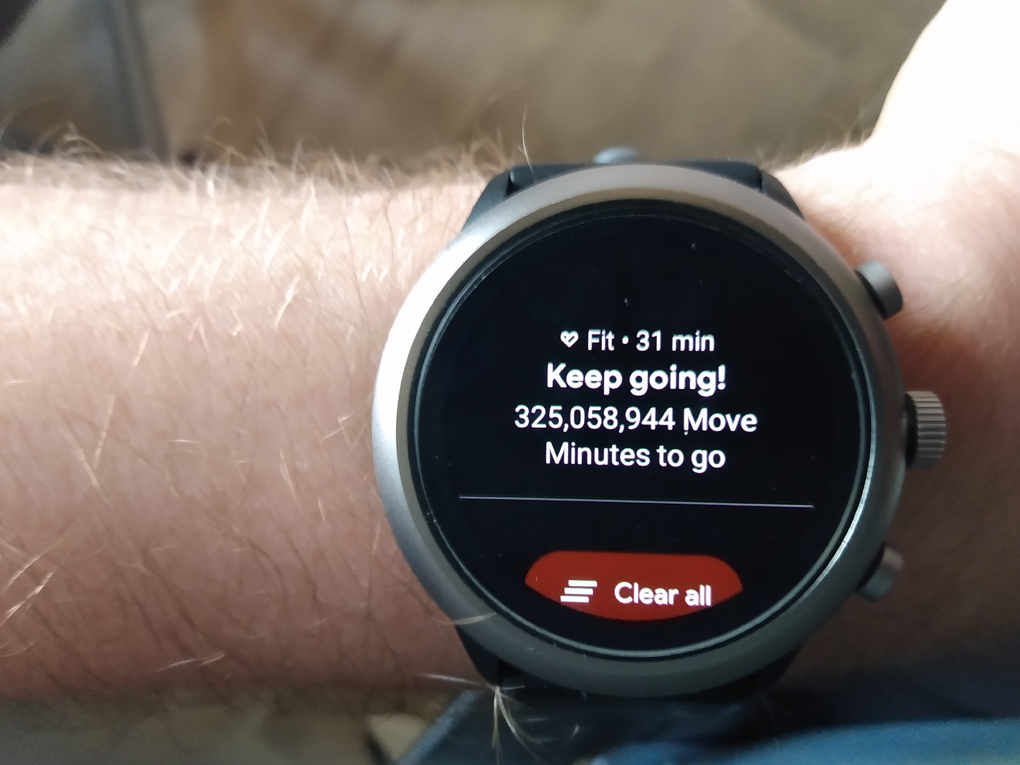 A smartwatch shows I have 325,058,944 'Move Minutes to go'