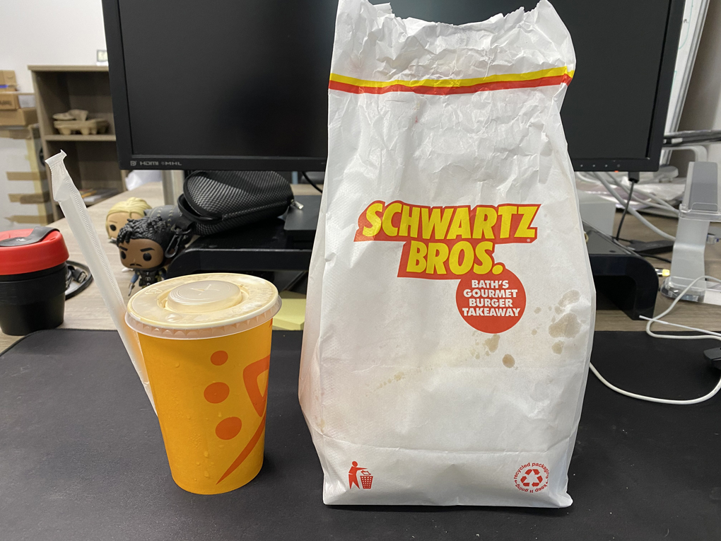 A Schwartz Burger bag and shake