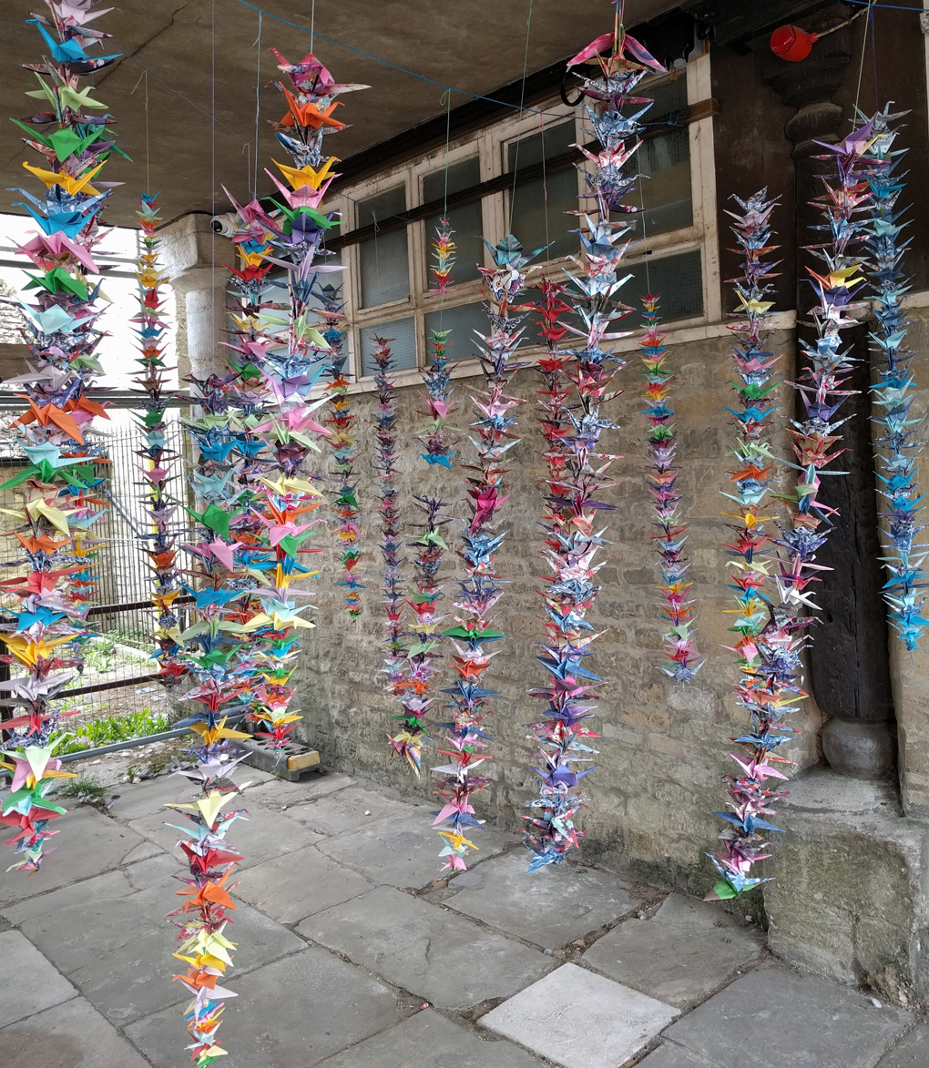 1000 paper birds hung on strings.