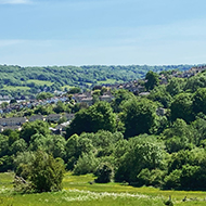 Photo of a hilly field with houses in the background