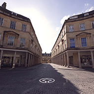 Photograph outside the Pump Rooms in Bath on a sunny day.